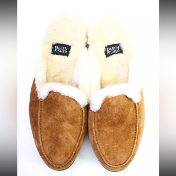 Eileen Fisher Suede Shearling Lamb Fur Slide Slip on Mules Brown - 7 - Picture 8 of 11